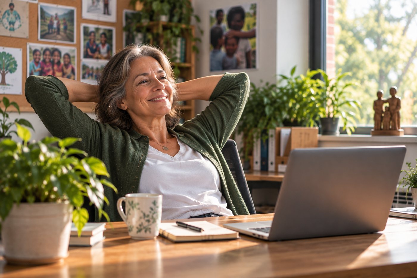 Nonprofit staff member working calmly at an uncluttered desk