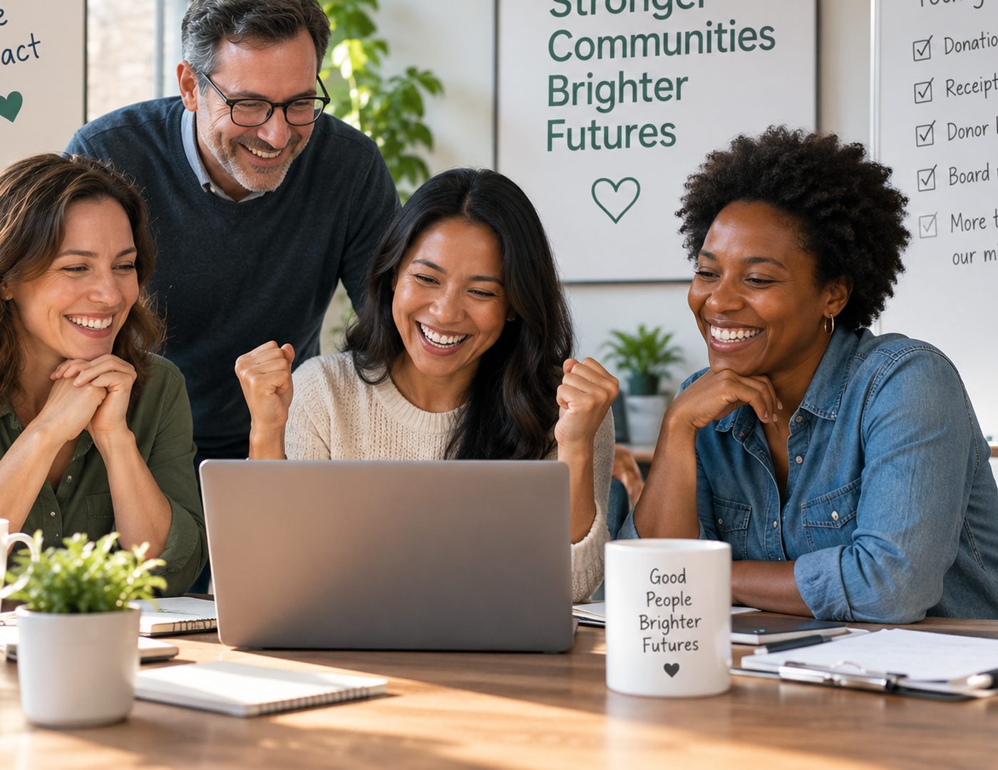 Staff at a small nonprofit looking at a laptop together